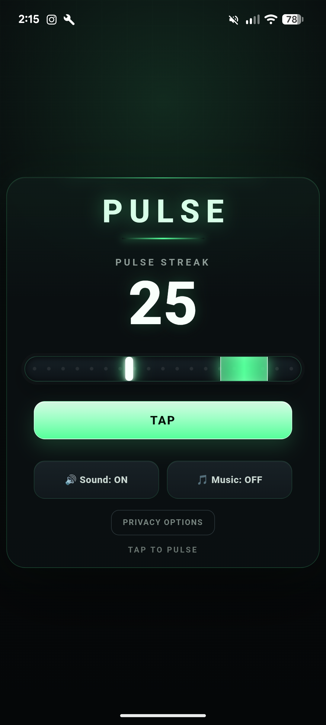 Pulse gameplay during an active streak of 25 with the moving marker approaching the green target zone