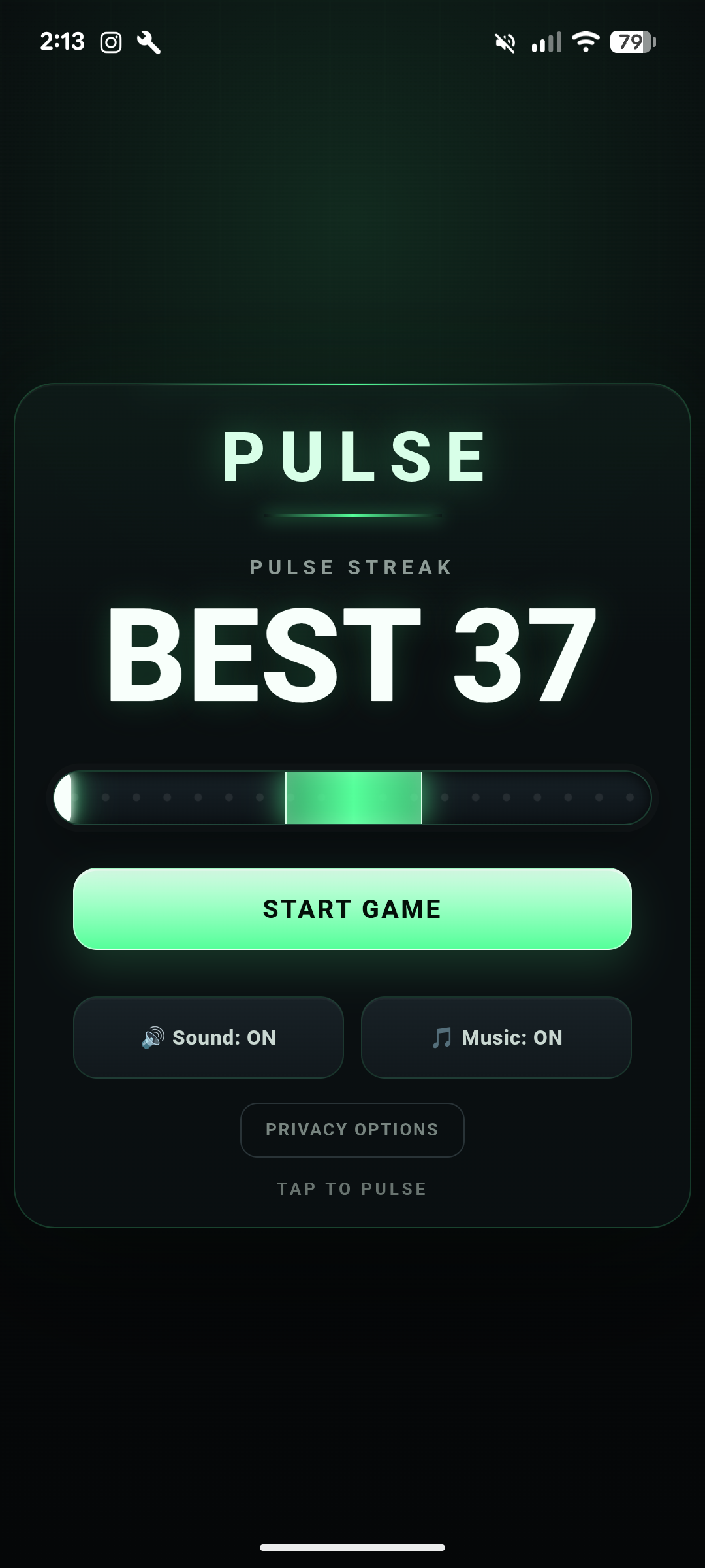 Pulse start screen showing a personal best streak of 37, timing track, and Start Game button